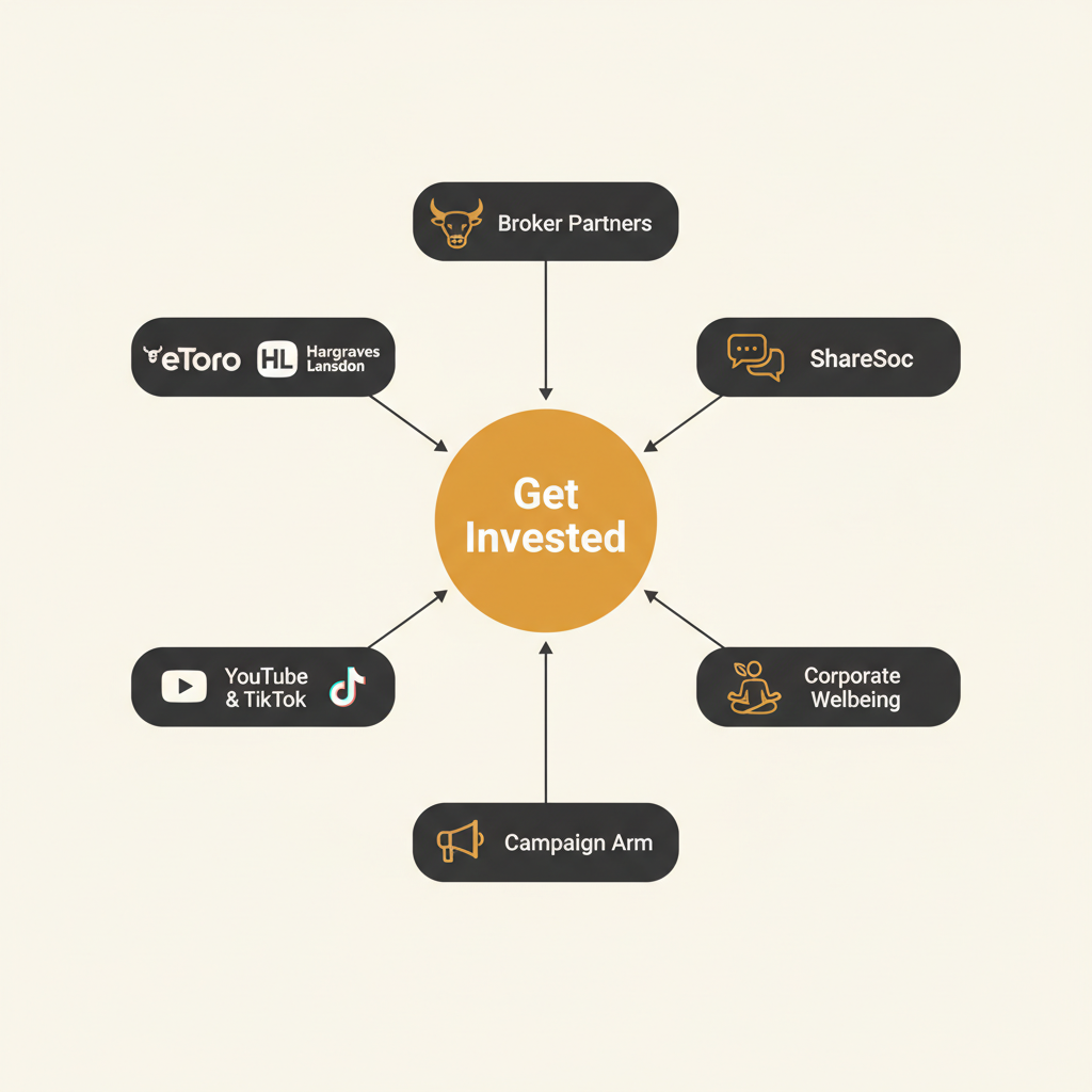 Get Invested ecosystem diagram showing connections between Ticker, ShareSoc, RetailBook, the London Stock Exchange, and the education platform