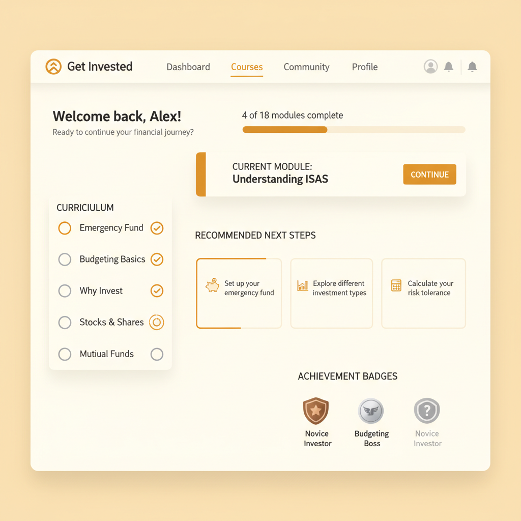 Get Invested learning dashboard showing progress through modules, curriculum sidebar, and achievement badges