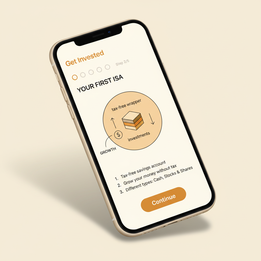 Get Invested mobile app showing a lesson about ISAs with step-by-step content and a continue button
