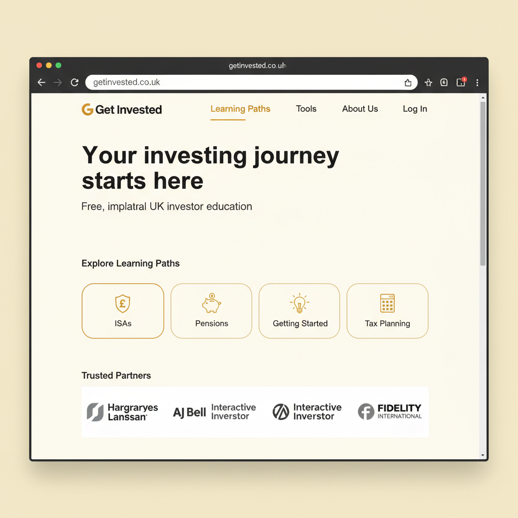 Get Invested platform homepage mockup showing learning pathways for ISAs, Pensions, Getting Started, and Tax Planning with partner logos